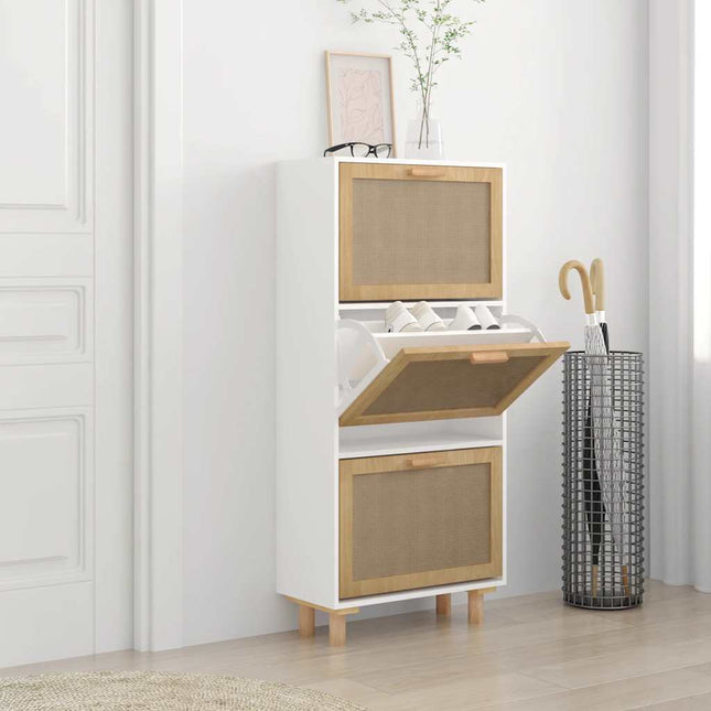 skoskab 52x25x115 cm konstrueret træ og naturlig rattan hvid