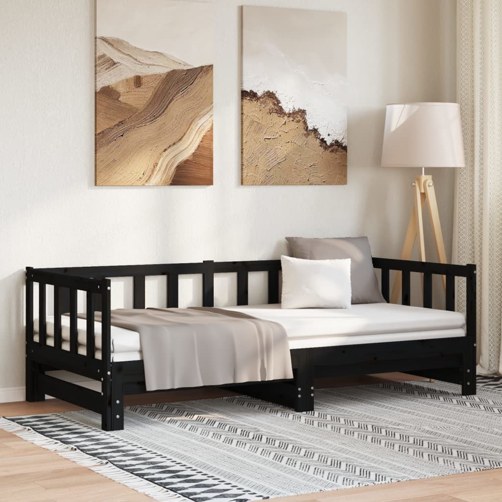 daybed med udtræk 2x(90x190) cm massivt fyrretræ sort billede