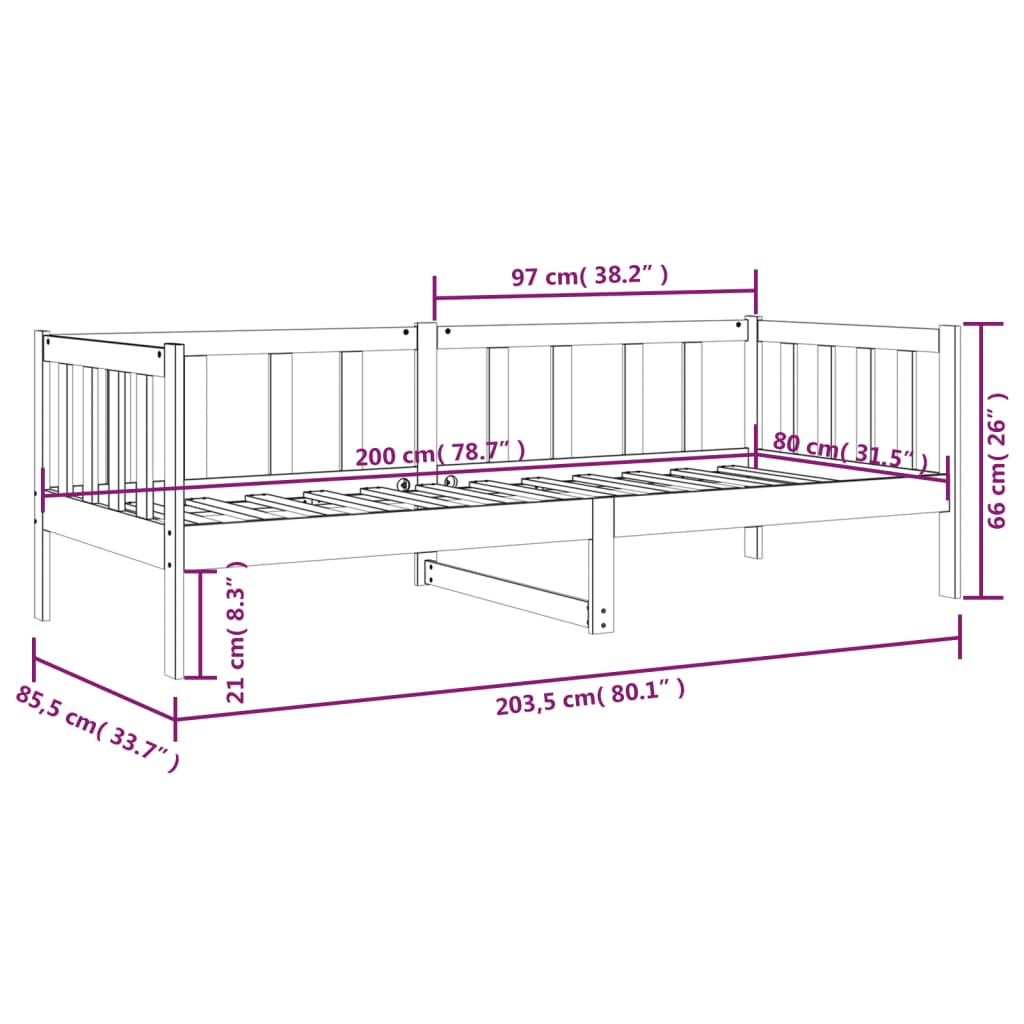 daybed uden madras 80x200 cm massivt fyrretræ