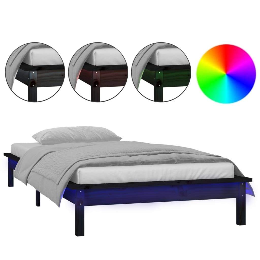 sengeramme med LED-lys 90x200 cm massivt træ sort