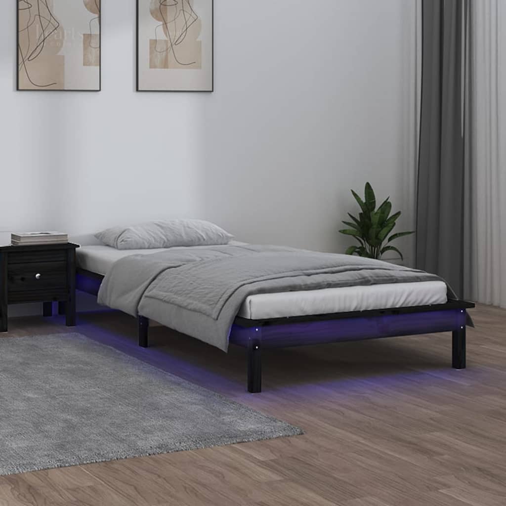 sengeramme med LED-lys 90x200 cm massivt træ sort
