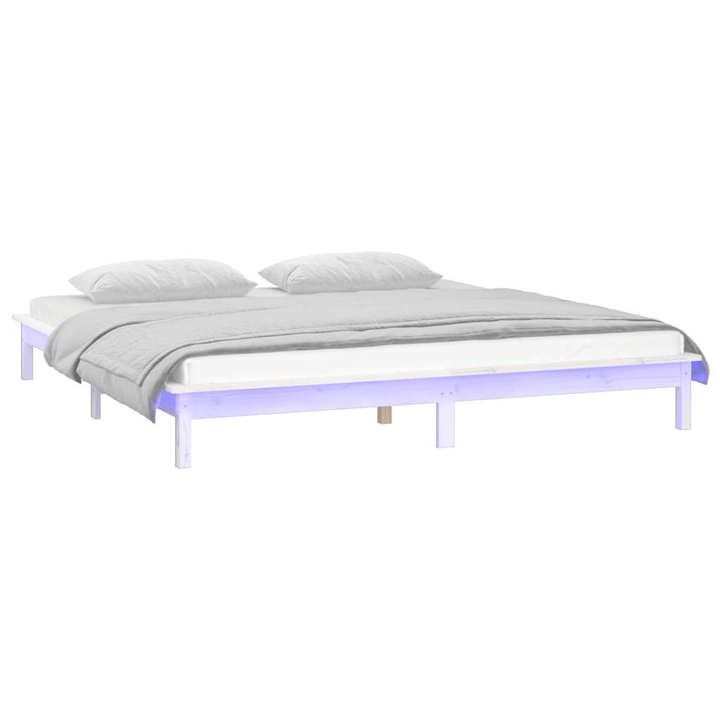 sengeramme med LED-lys 150x200 cm kingsize massivt træ hvid