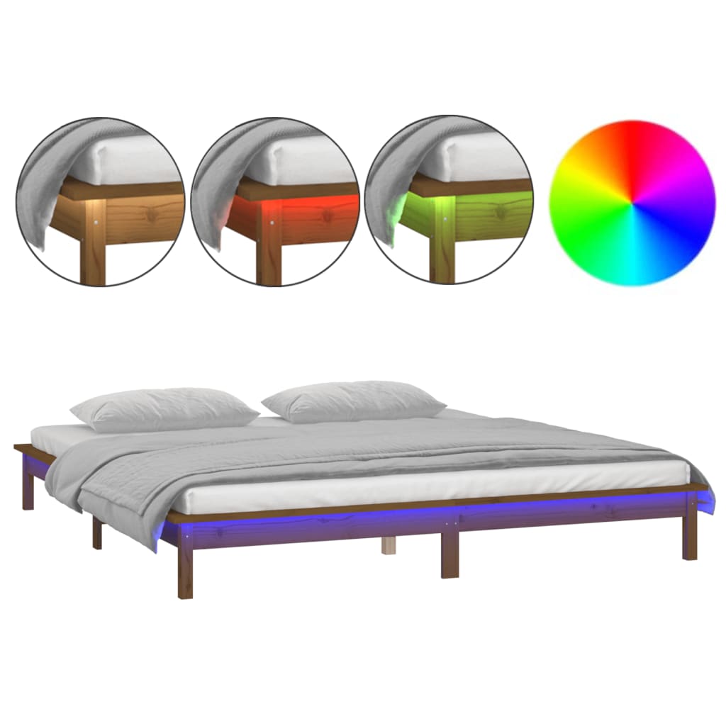 sengeramme med LED-lys 200x200 cm massivt træ gyldenbrun
