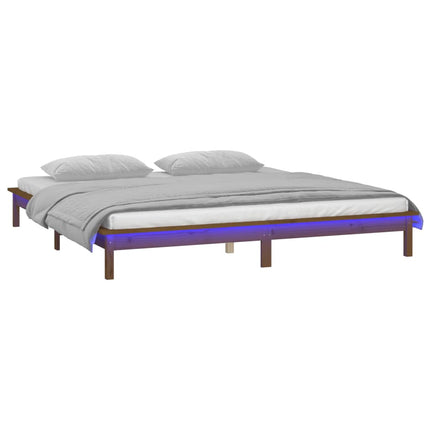 sengeramme med LED-lys 200x200 cm massivt træ gyldenbrun
