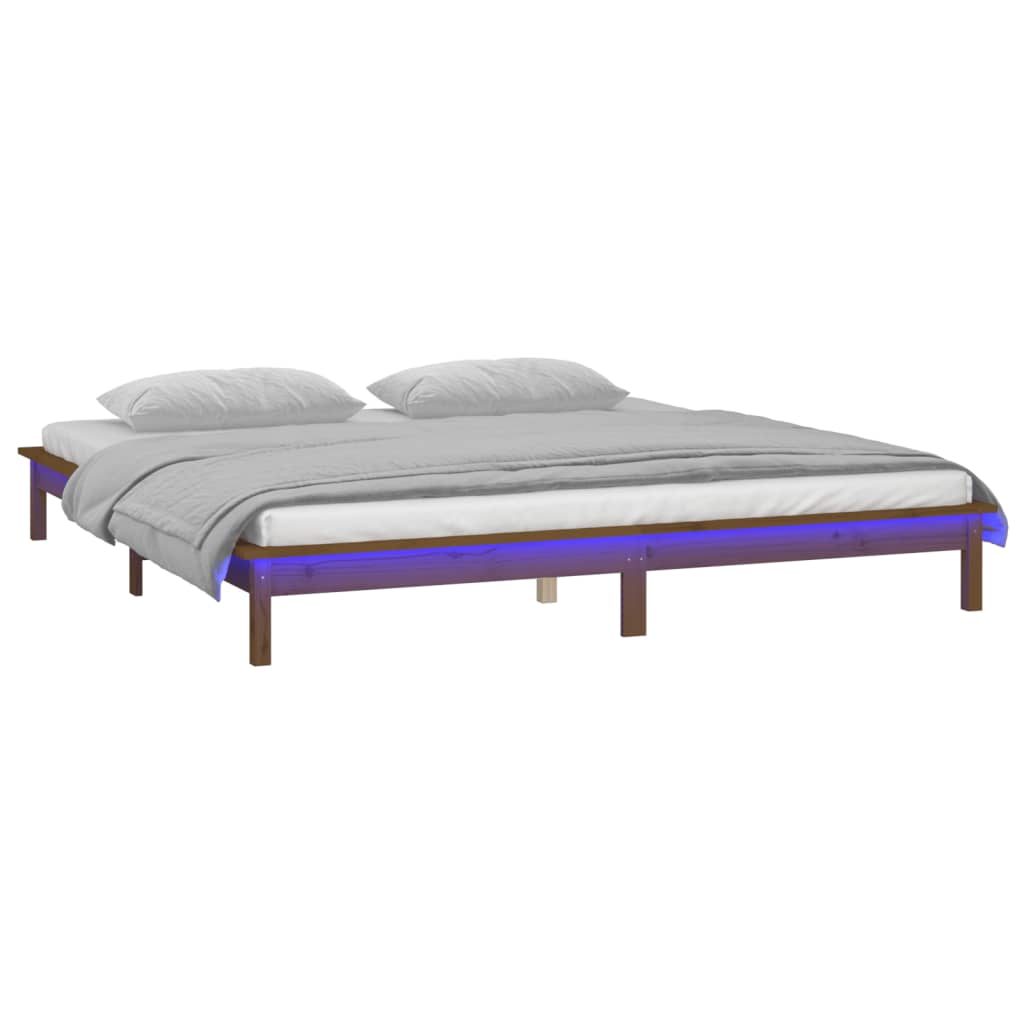 sengeramme med LED-lys 200x200 cm massivt træ gyldenbrun