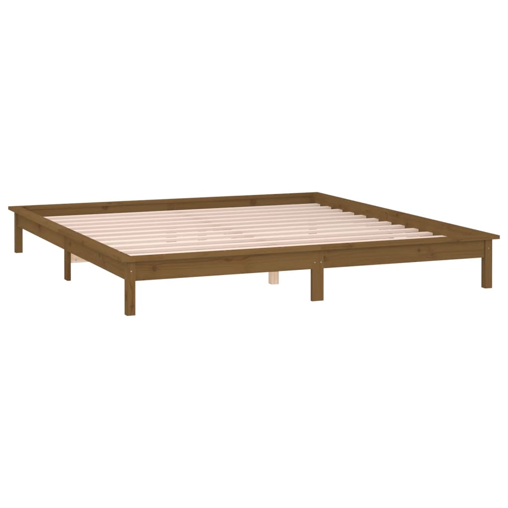 sengeramme med LED-lys 200x200 cm massivt træ gyldenbrun