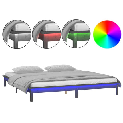 sengeramme med LED-lys 140x190 cm massivt træ grå