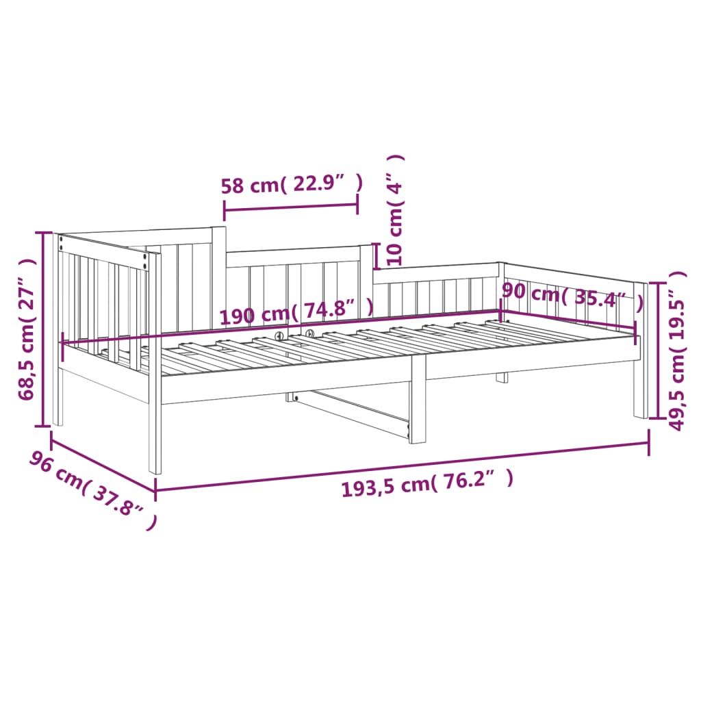 daybed uden madras 90x190 cm massivt fyrretræ