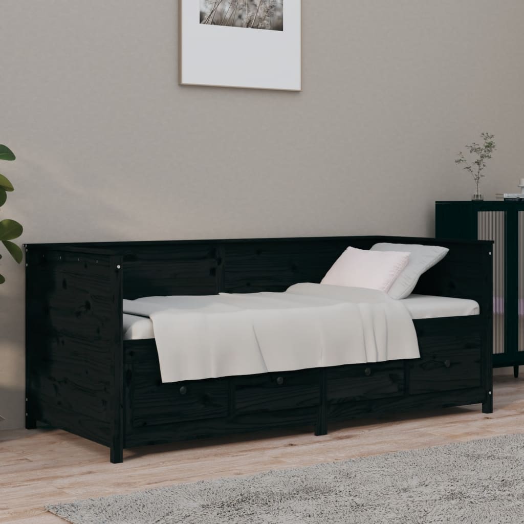 Daybed Med Reol Uden Madras Massivt Fyrretræ - Sort / 75 x 190 cm