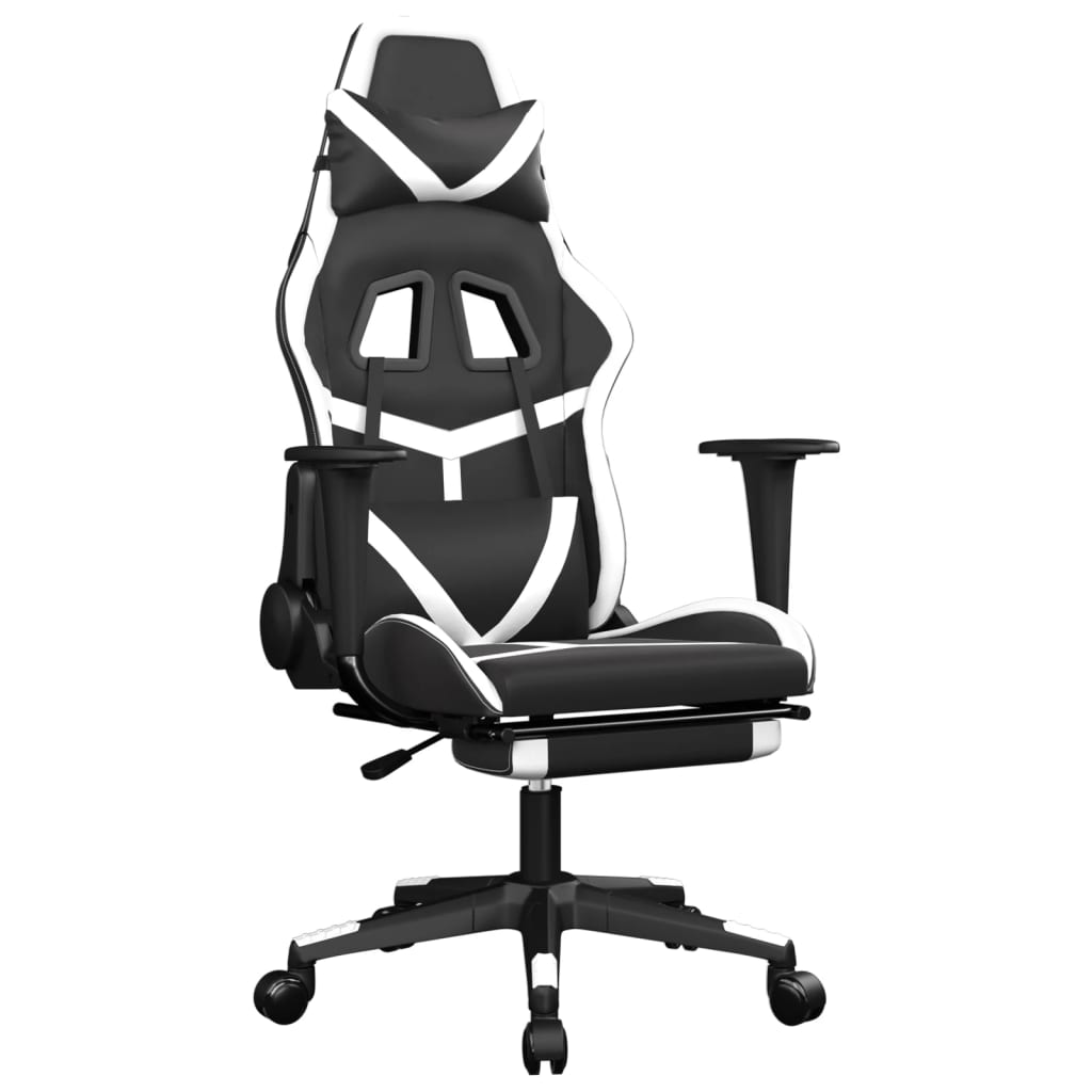 gamingstol m. massagefunktion og fodstøtte kunstlæder sort hvid