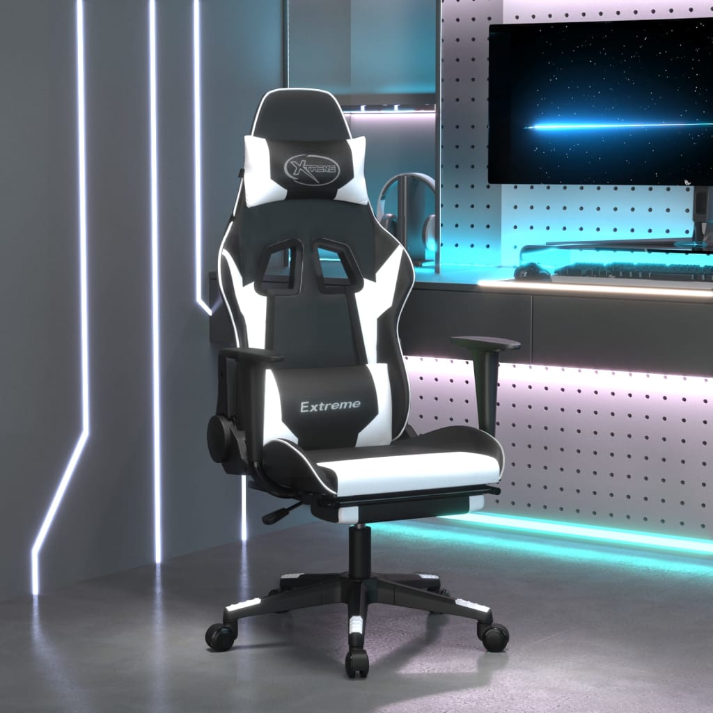 gamingstol m. massagefunktion og fodstøtte kunstlæder sort hvid