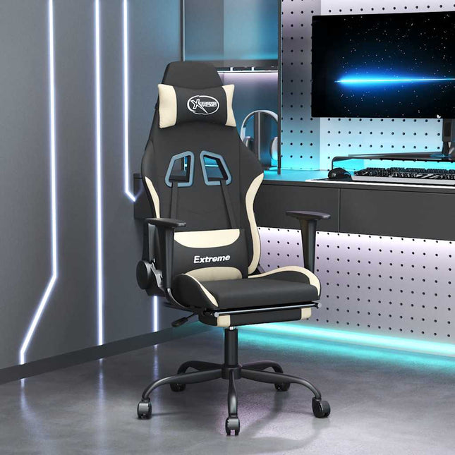 gamingstol med massagefunktion + fodstøtte stof sort og creme