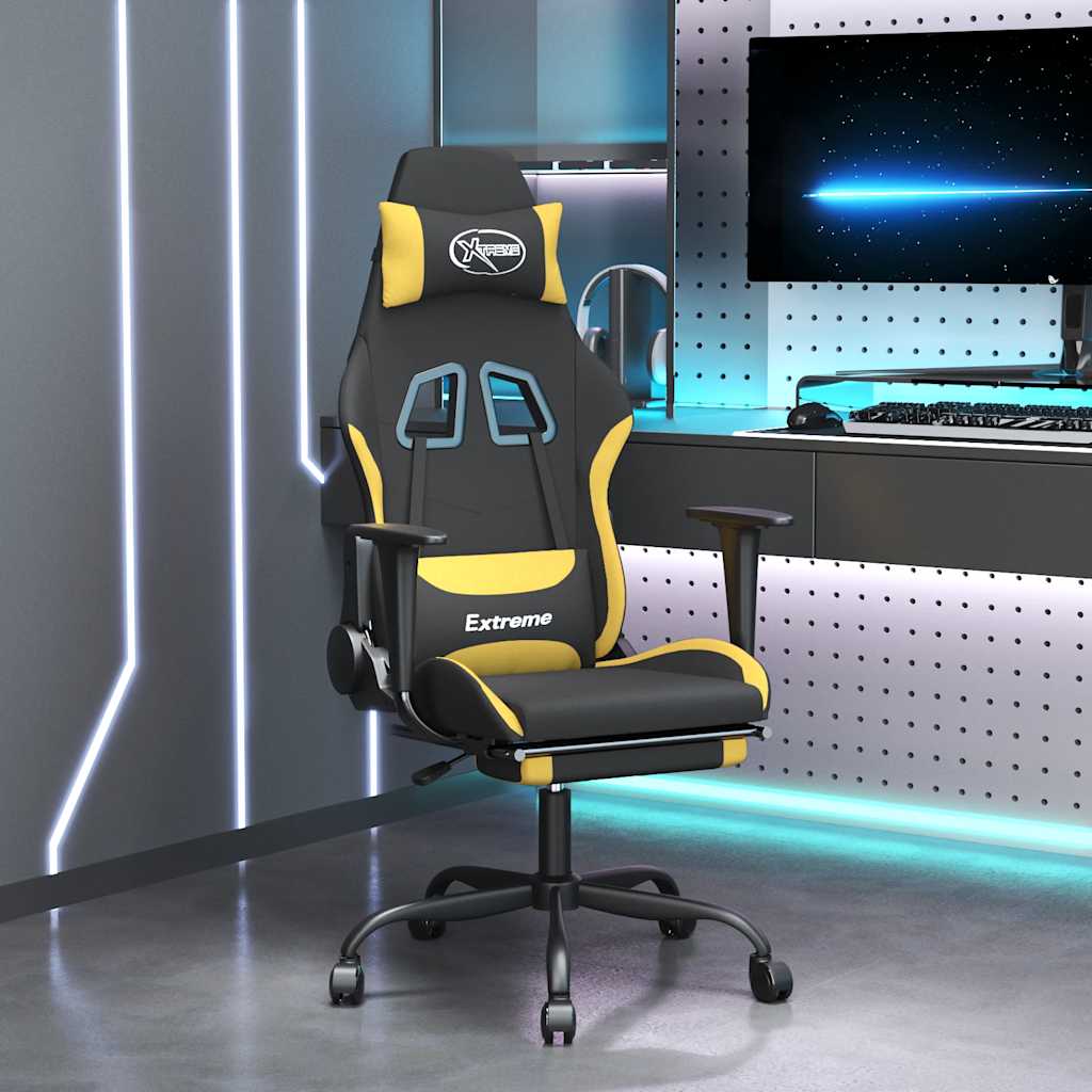 gamingstol med massagefunktion + fodstøtte stof sort og gul