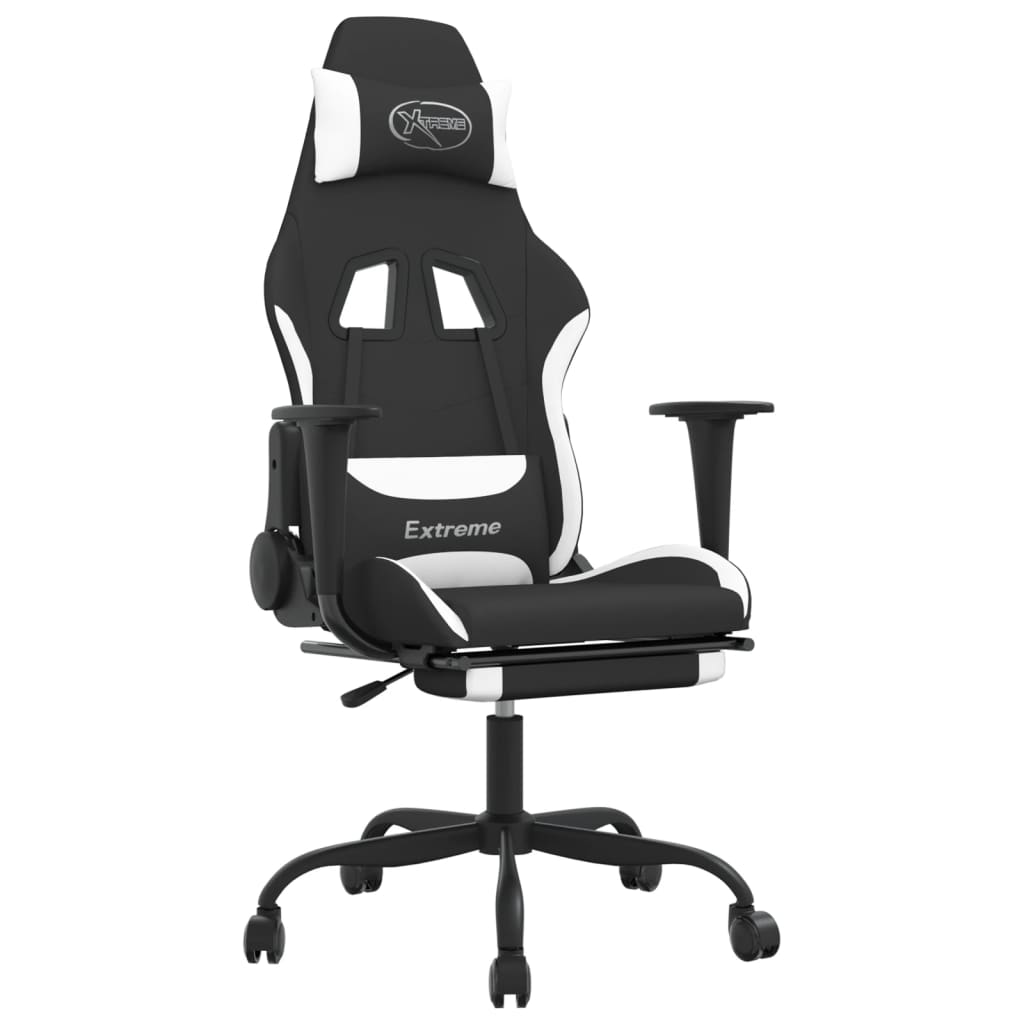gamingstol med massagefunktion + fodstøtte stof sort og hvid