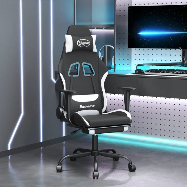 gamingstol med massagefunktion + fodstøtte stof sort og hvid