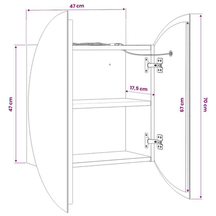badeværelsesskab med rundt spejl og LED-lys 47x47x17,5 cm sort