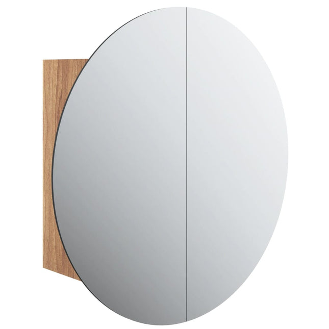badeværelsesskab med rundt spejl og LED-lys 40x40x17,5cm egetræ