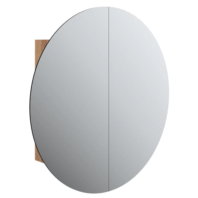 badeværelsesskab med rundt spejl og LED-lys 40x40x17,5cm egetræ