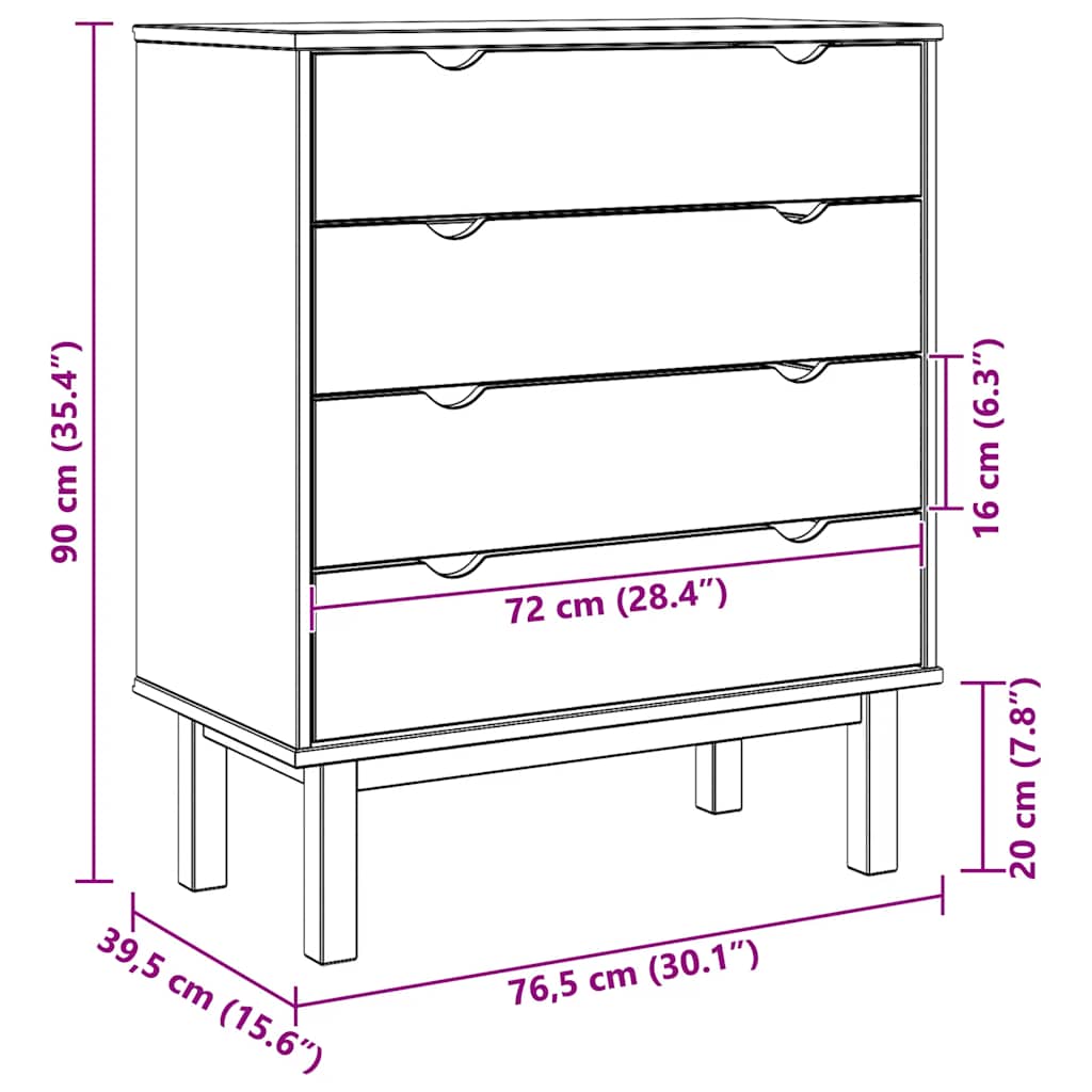 kommode OTTA 76,5x39,5x90 cm massivt fyrretræ brun og hvid