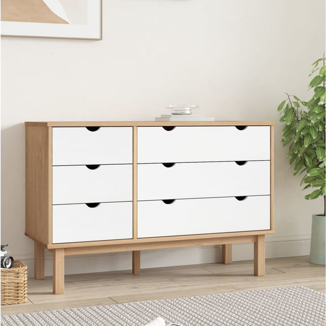 kommode OTTA 111x43x73,5 cm massivt fyrretræ brun og hvid