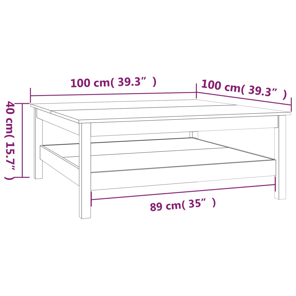sofabord hvid 100x100x40 cm massivt træ fyrretræ