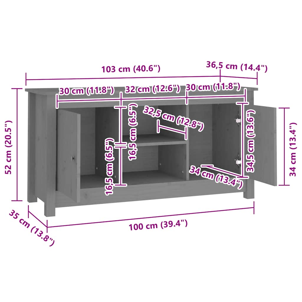 tv-bord 103x36,5x52 cm massivt fyrretræ grå