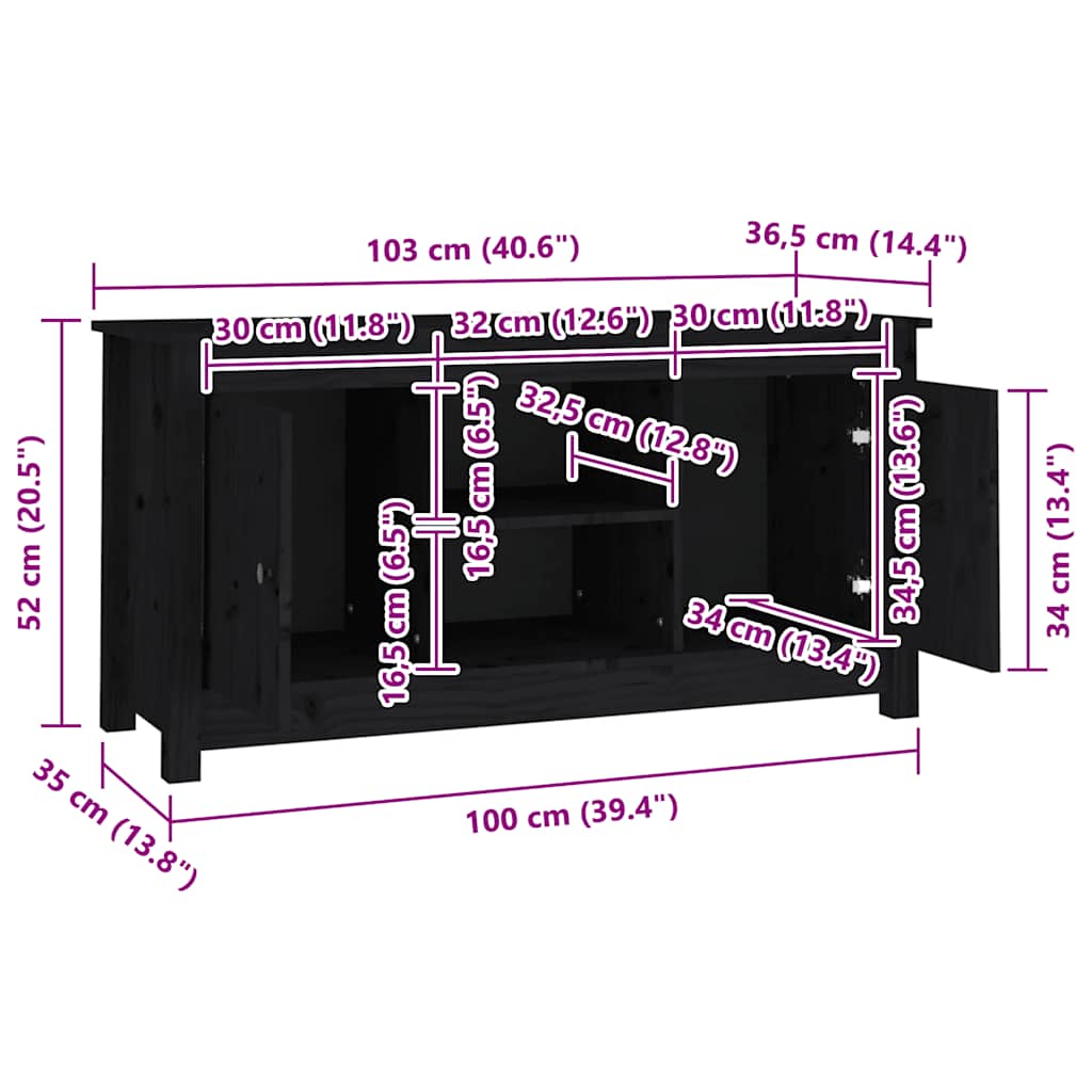 tv-bord 103x36,5x52 cm massivt fyrretræ sort