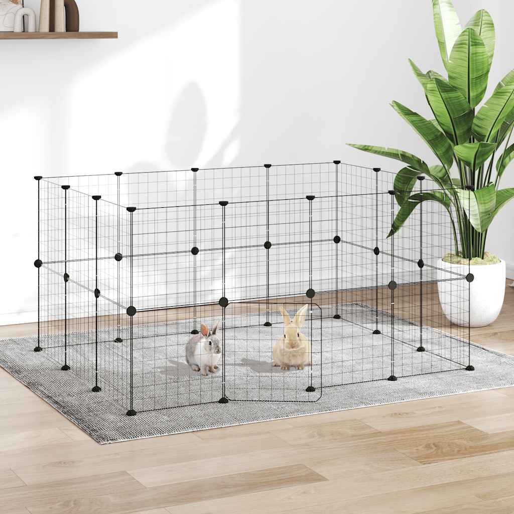 28-panels kæledyrsindhegning med låge 35 × 35 cm - stål, sort