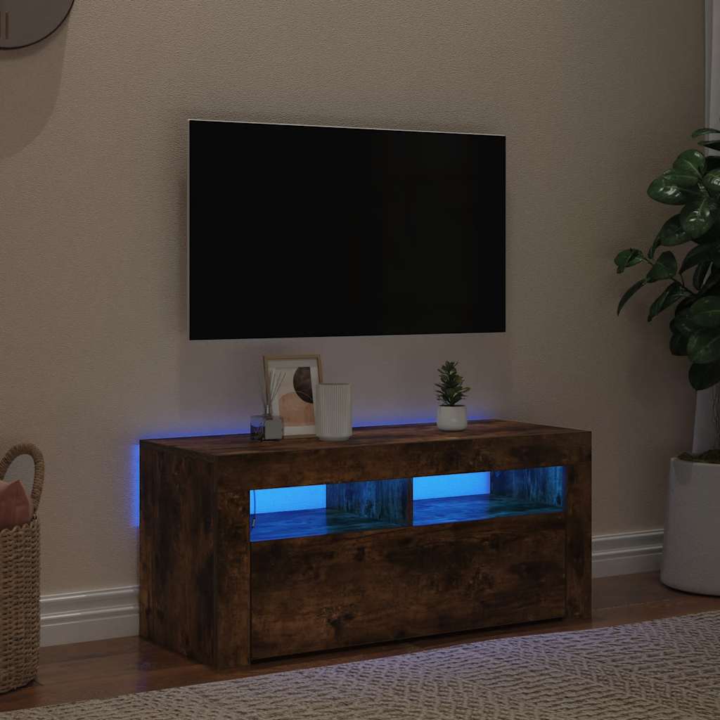 tv-bord med LED-lys 90x35x40 cm røget egetræsfarve