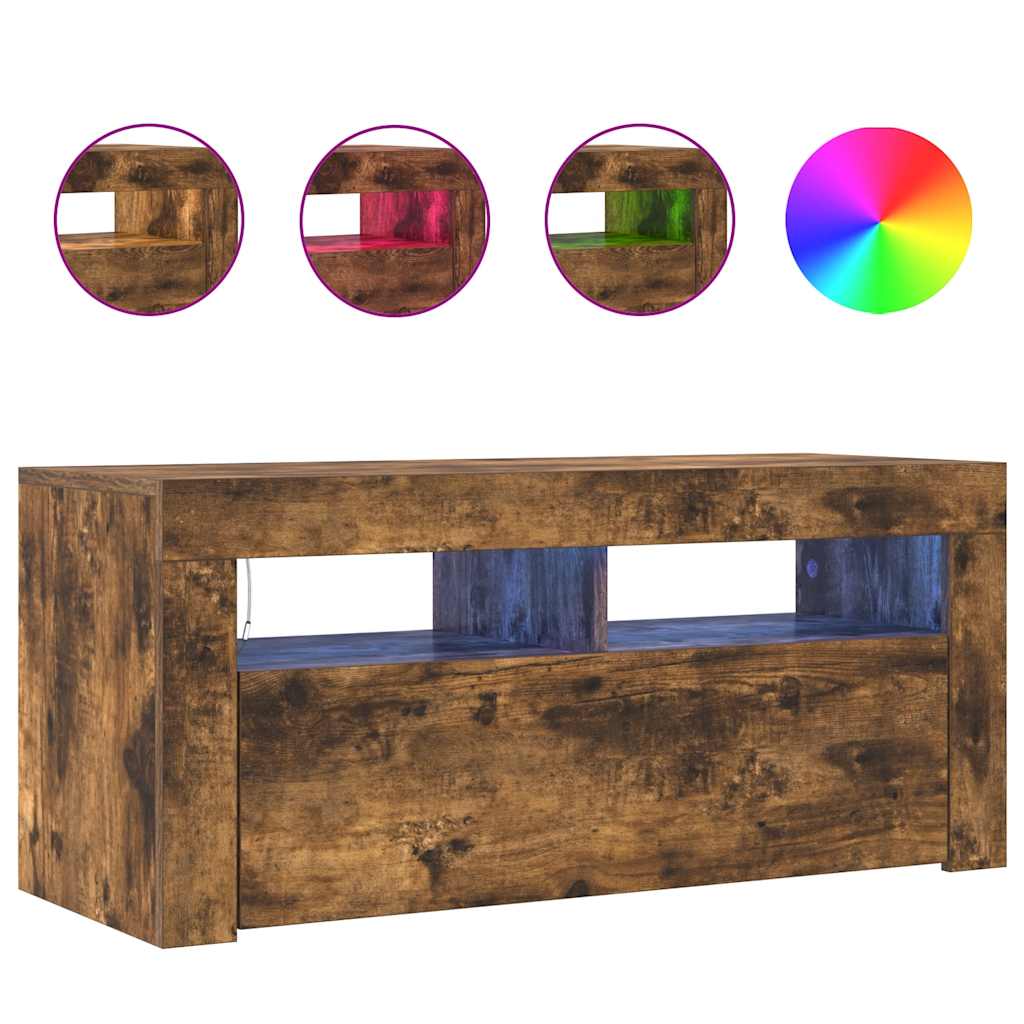 tv-bord med LED-lys 90x35x40 cm røget egetræsfarve