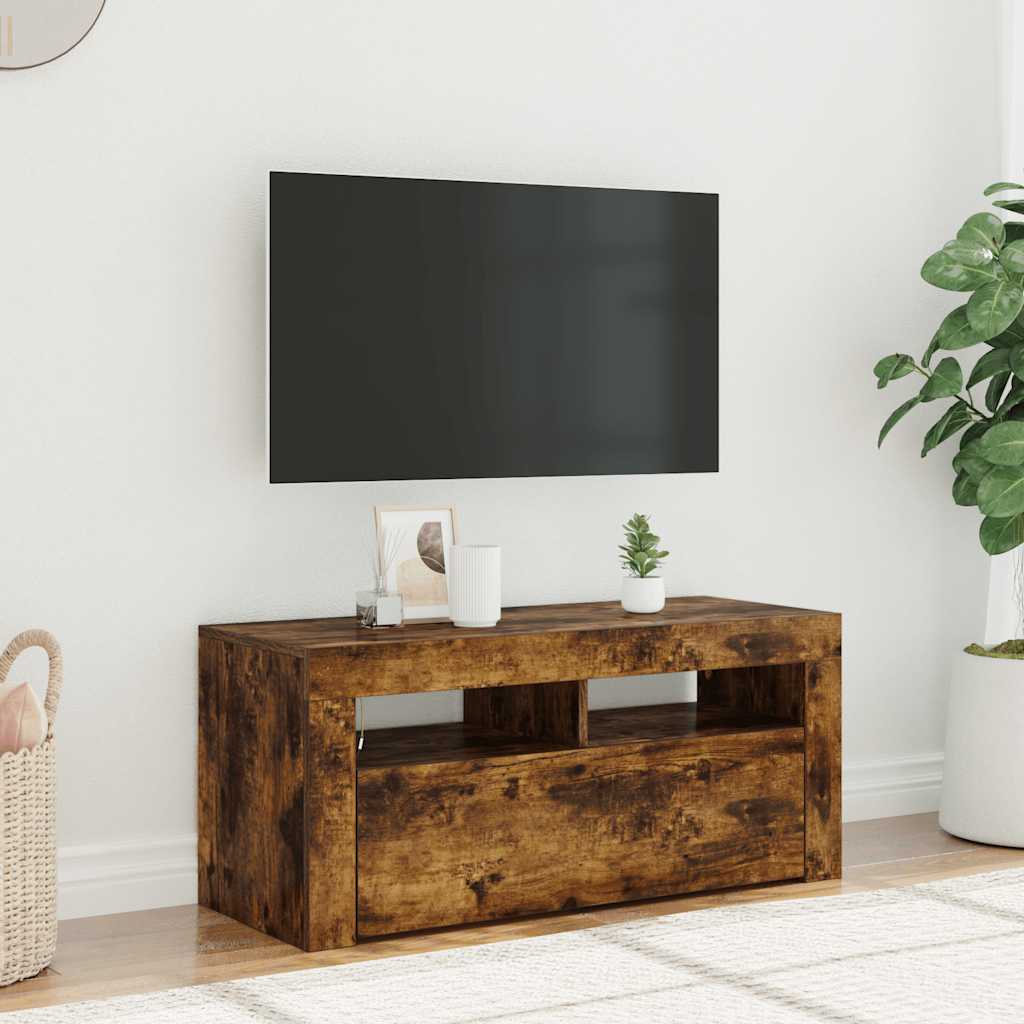 tv-bord med LED-lys 90x35x40 cm røget egetræsfarve