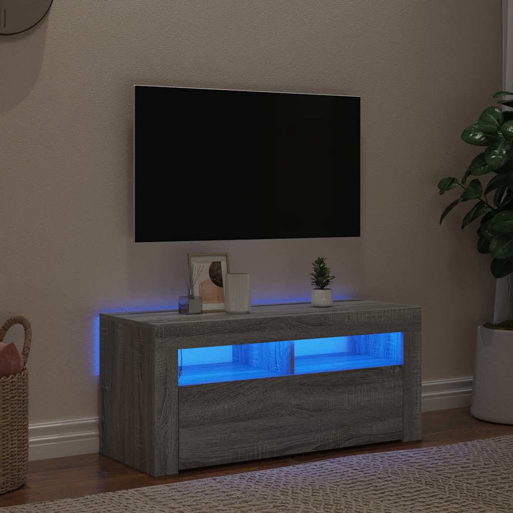 tv-bord med LED-lys 90x35x40 cm grå sonoma-eg