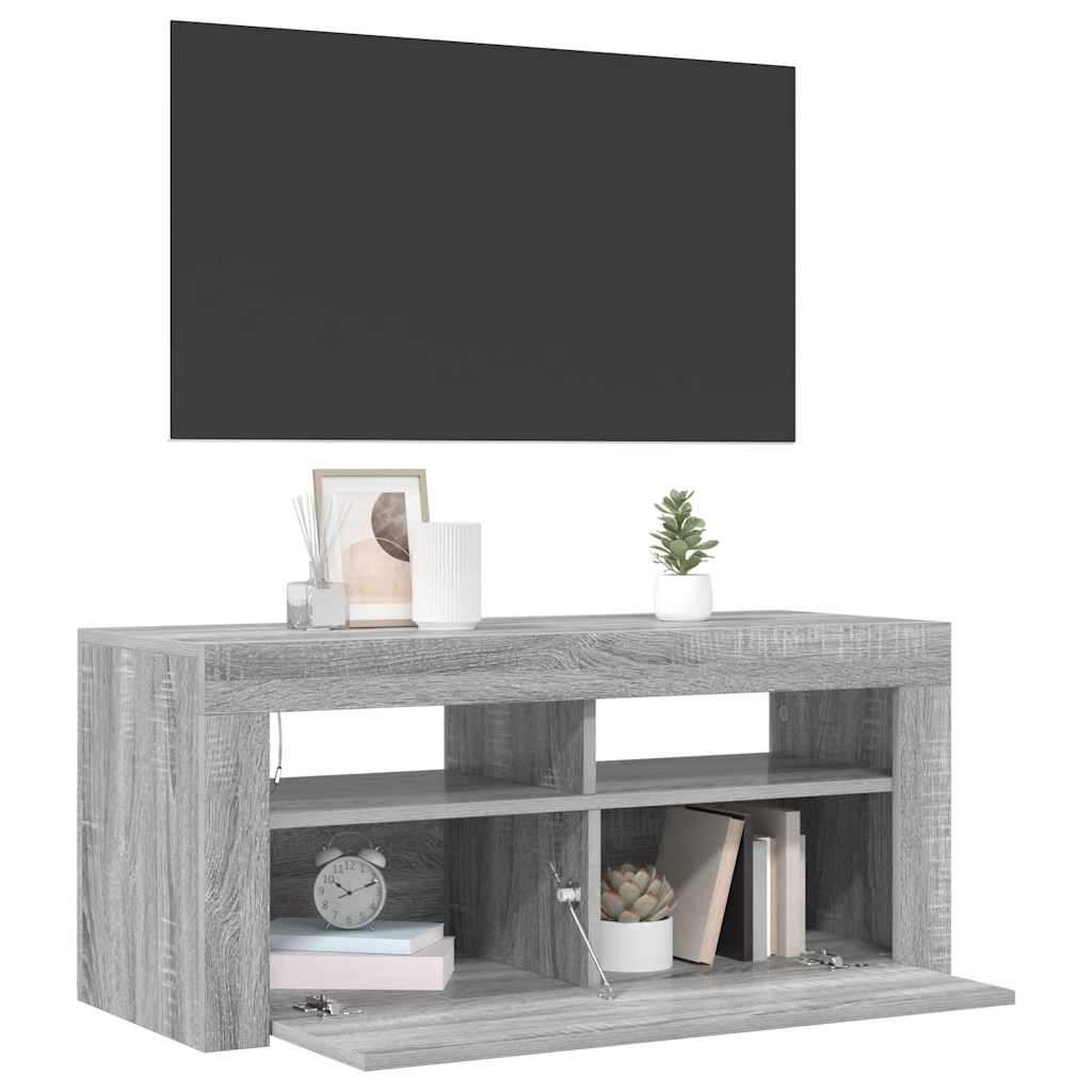 tv-bord med LED-lys 90x35x40 cm grå sonoma-eg