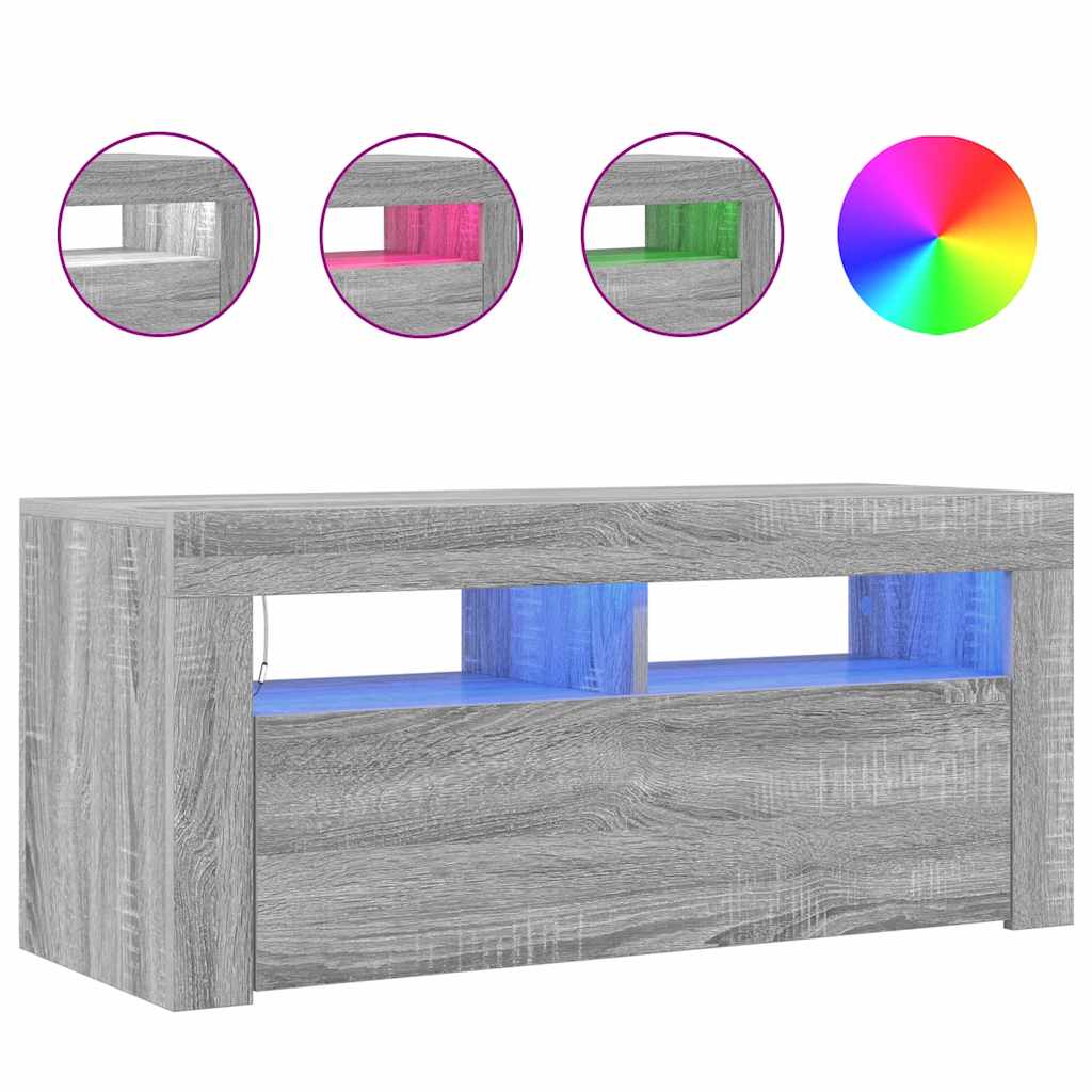 tv-bord med LED-lys 90x35x40 cm grå sonoma-eg