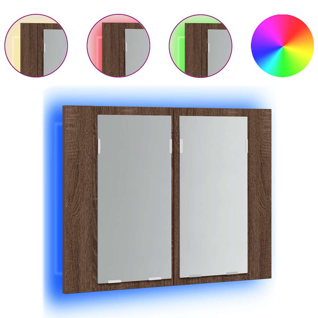 spejlskab m. LED-lys 60x12x45 cm konstrueret træ brunt eg