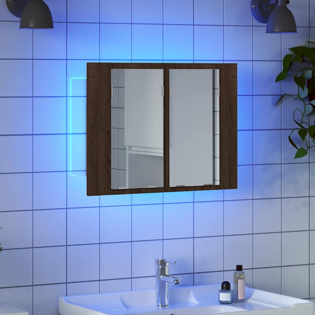 spejlskab m. LED-lys 60x12x45 cm konstrueret træ brunt eg