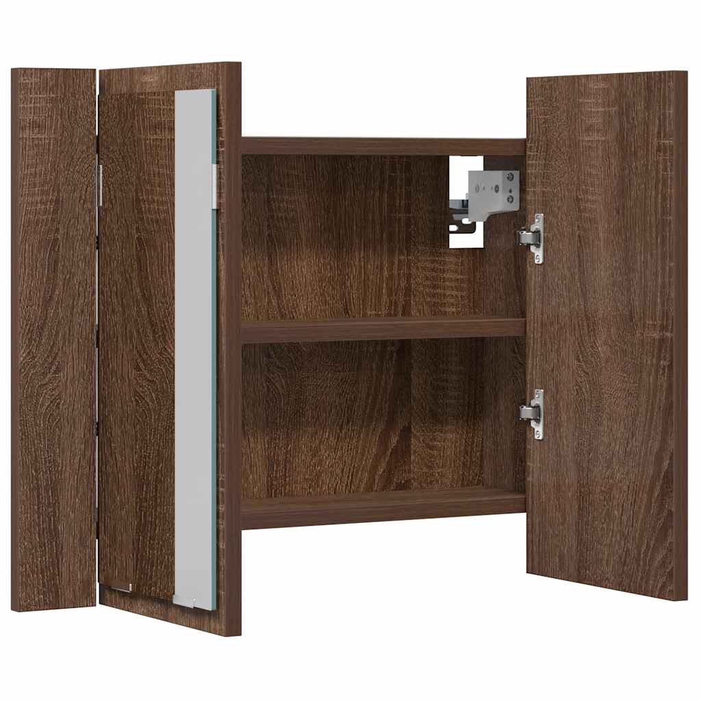 spejlskab m. LED-lys 60x12x45 cm konstrueret træ brunt eg