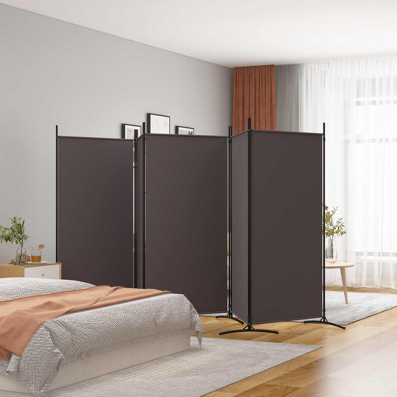 5-panels rumdeler i stof - 433 × 180 cm, brun