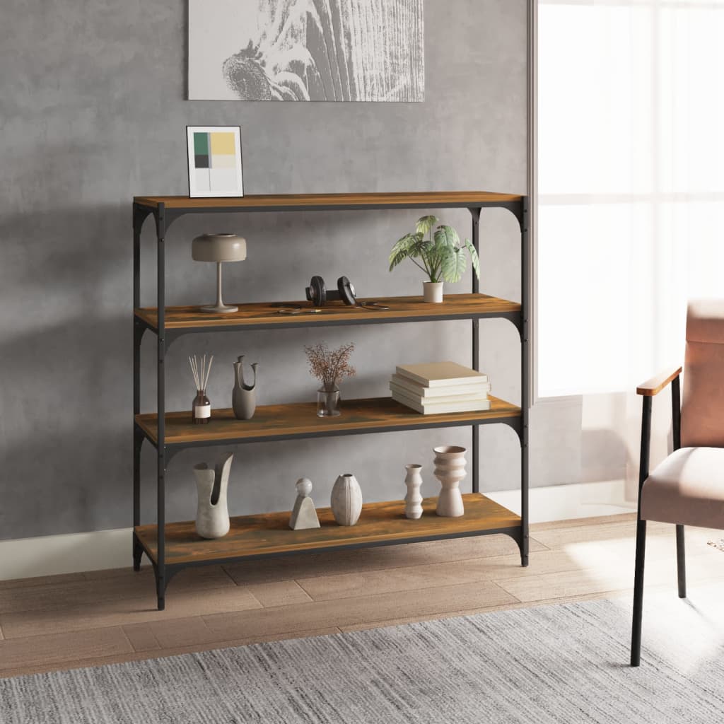 bogreol 100x33x100 cm konstrueret træ og stål røget egetræ billede