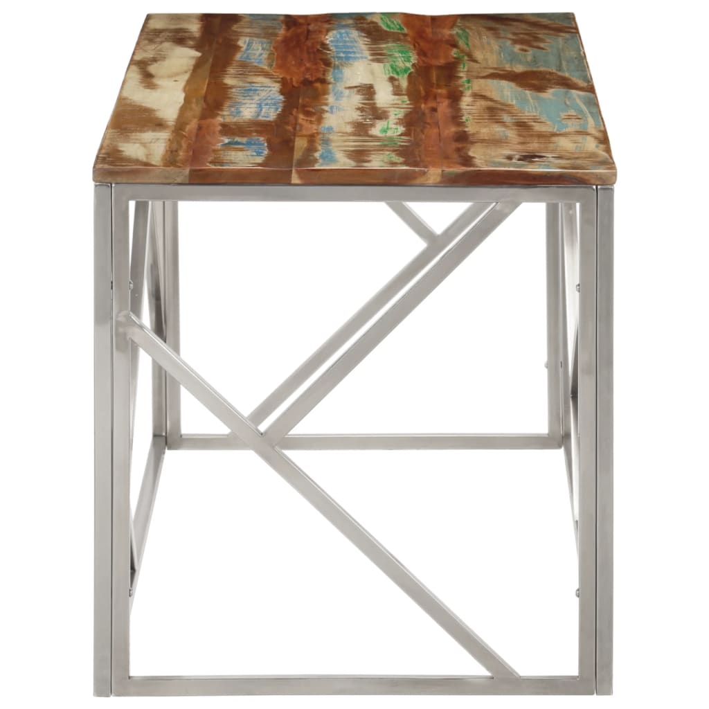 sofabord rustfrit stål og massivt genbrugstræ sølvfarvet