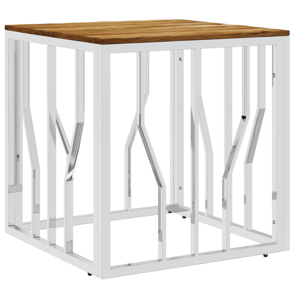 sofabord rustfrit stål og massivt akacietræ sølvfarvet