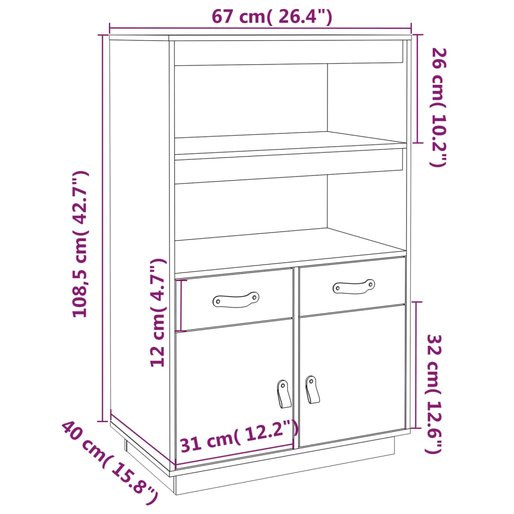 højskab 67x40x108,5 cm massivt fyrretræ hvid