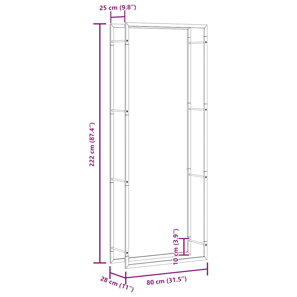 brændehylde mat sort 80x28x222 cm stål