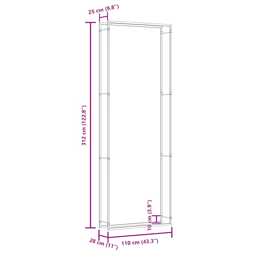 brændestativ 110x28x312 cm stål matsort