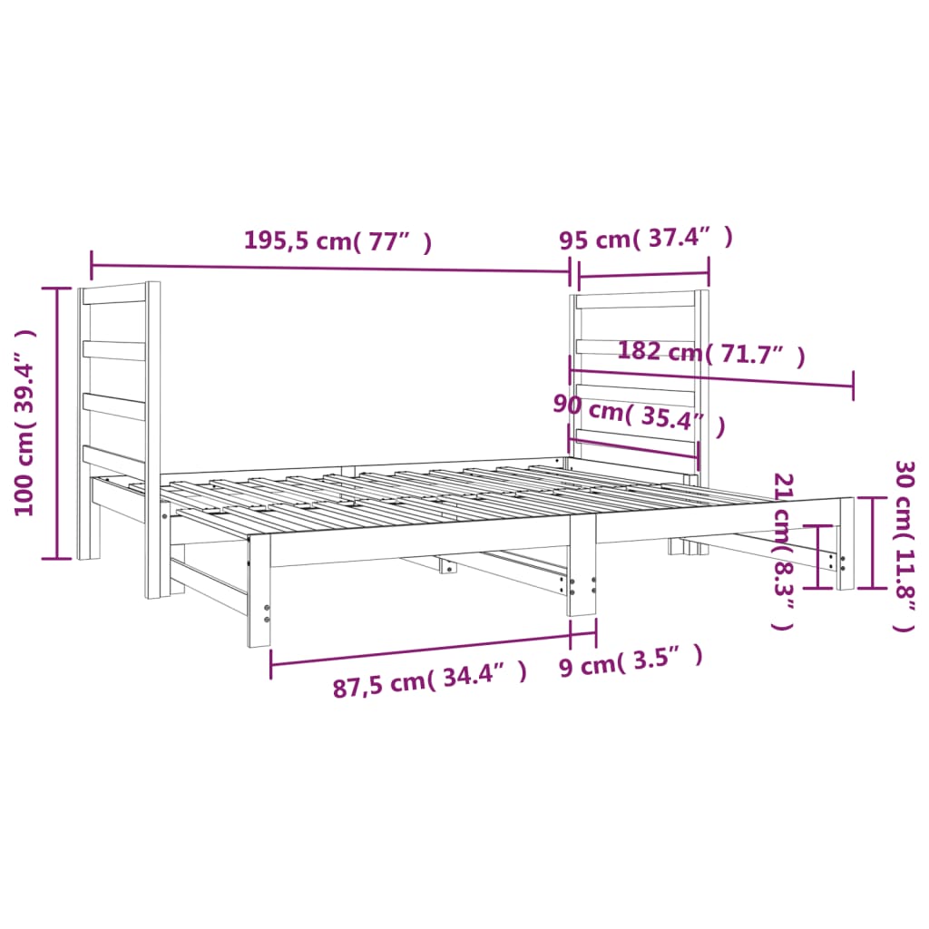 daybed med udtræk 2x(90x190) cm massivt fyrretræ hvid