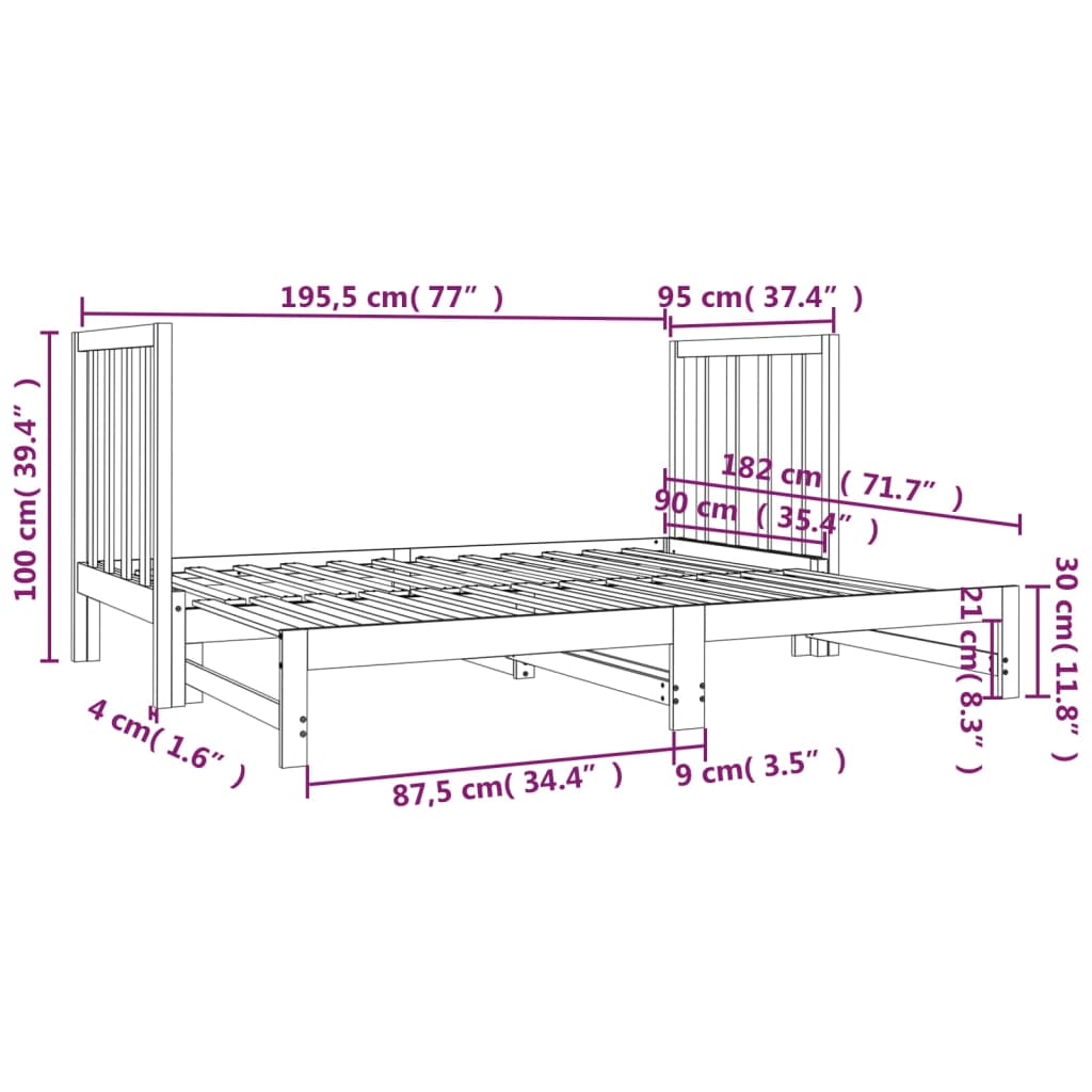 daybed med udtræk 2x(90x190) cm massivt fyrretræ