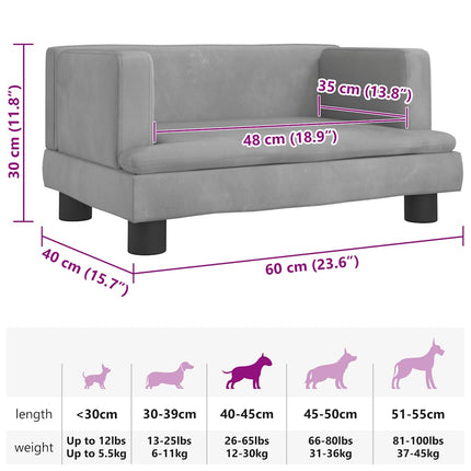 hundeseng 60x40x30 cm velour lysegrå
