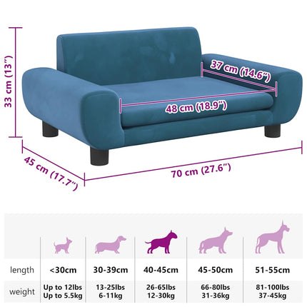 hundeseng 70x45x33 cm velour blå