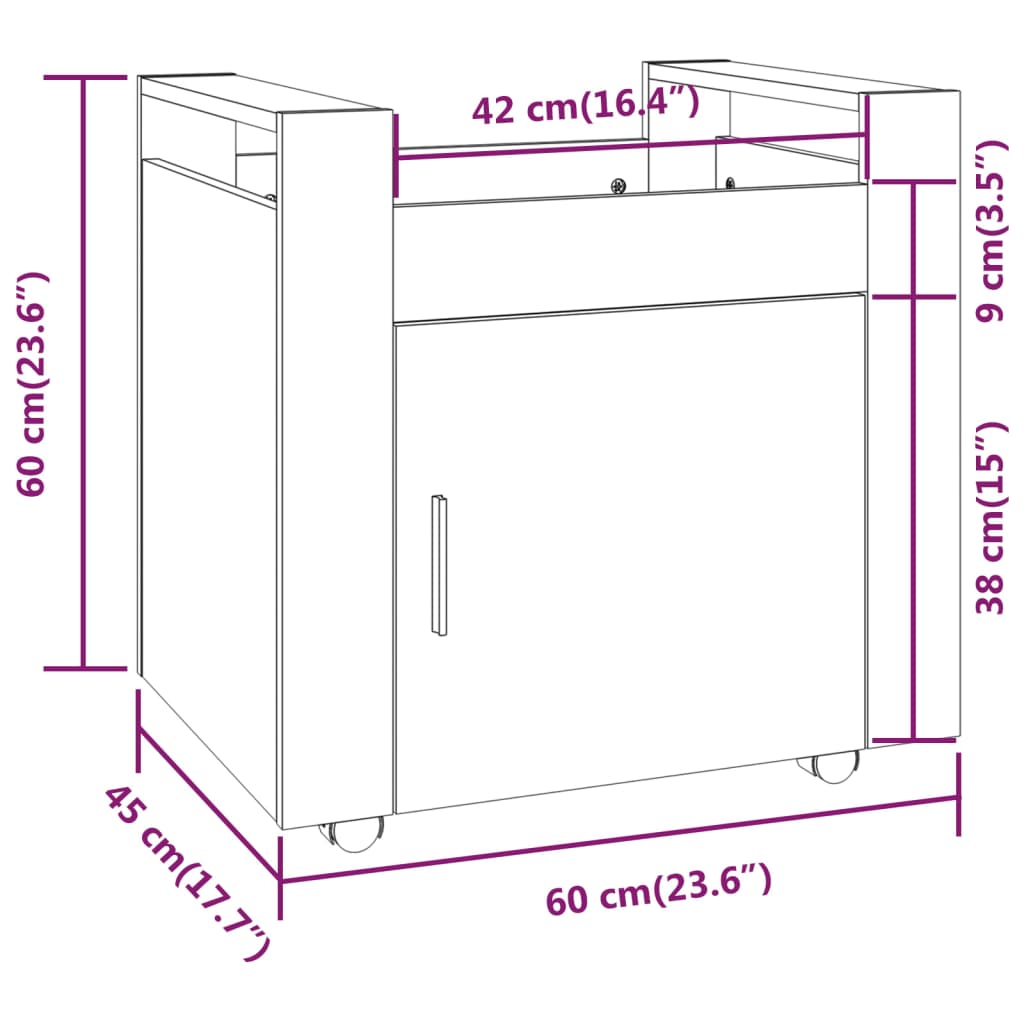 kontorvogn 60x45x60 cm konstrueret træ røget egetræsfarve