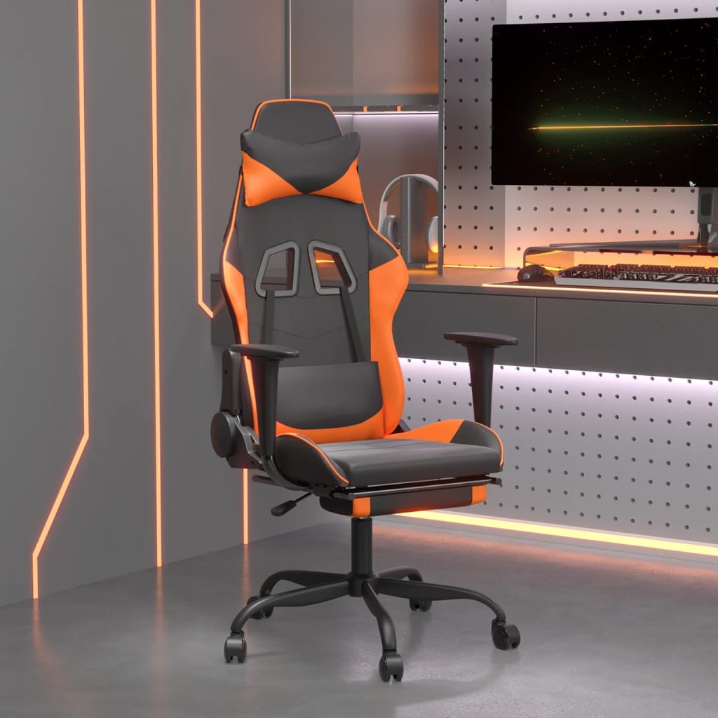 gamingstol med fodstøtte kunstlæder sort og orange